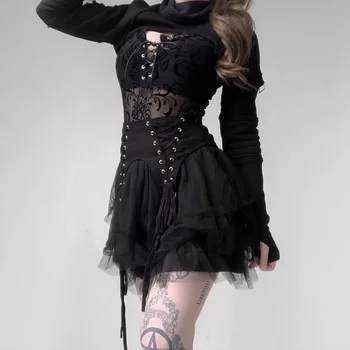 

92287 Dark Gothic Rock & Roll Heavy Metal Super Short Splicing Long Sleeve Sweater BF Sexy Nightclub All Over Blouse Woman