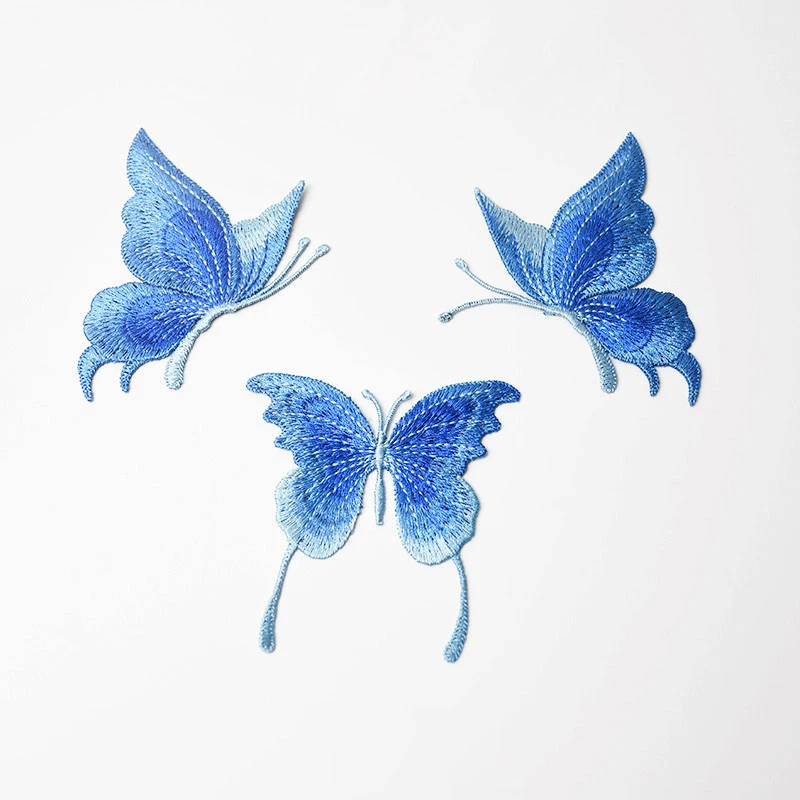 3Pcs Blue Lace Embroidered Butterfly Patches Sew On Clothes Applique Dancing Dress 