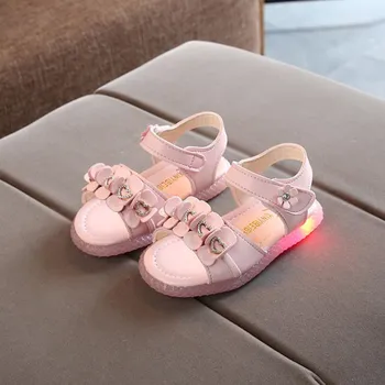 

New Girls LED Sandals Girls Flowers Lovely Flats Sandals Kids Summer Lovely Shoes Elastic Single Shoes