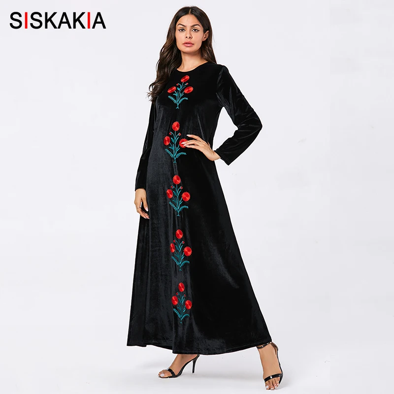Black dress Siskakia мусульманское длинное платье бархатное повседневное цветочное вышитое Макси-платье черного и синего цвета размера плюс с круглым вырезом и длинным рукавом Арабская одежда - Цвет: Black dress