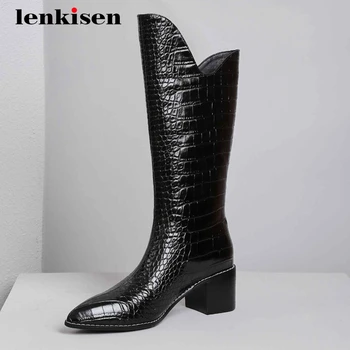 

Lenkisen european style stone pattern design streetwear pointed toe thick high heel slip on gorgeous mature knee-high boots L4f1