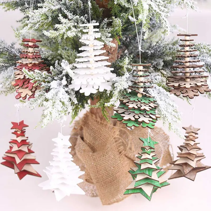

New Rotate Christmas Tree Ornaments Xmas Tree Hanging 3D Snowflake Pendants Wooden Small Bell Decorations for Home Office Gift