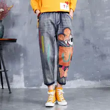 Ретро литературная тяжелая промышленность письмо вышивка эластичный пояс шнурок свободные большой размер прямые брюки личности джинсы