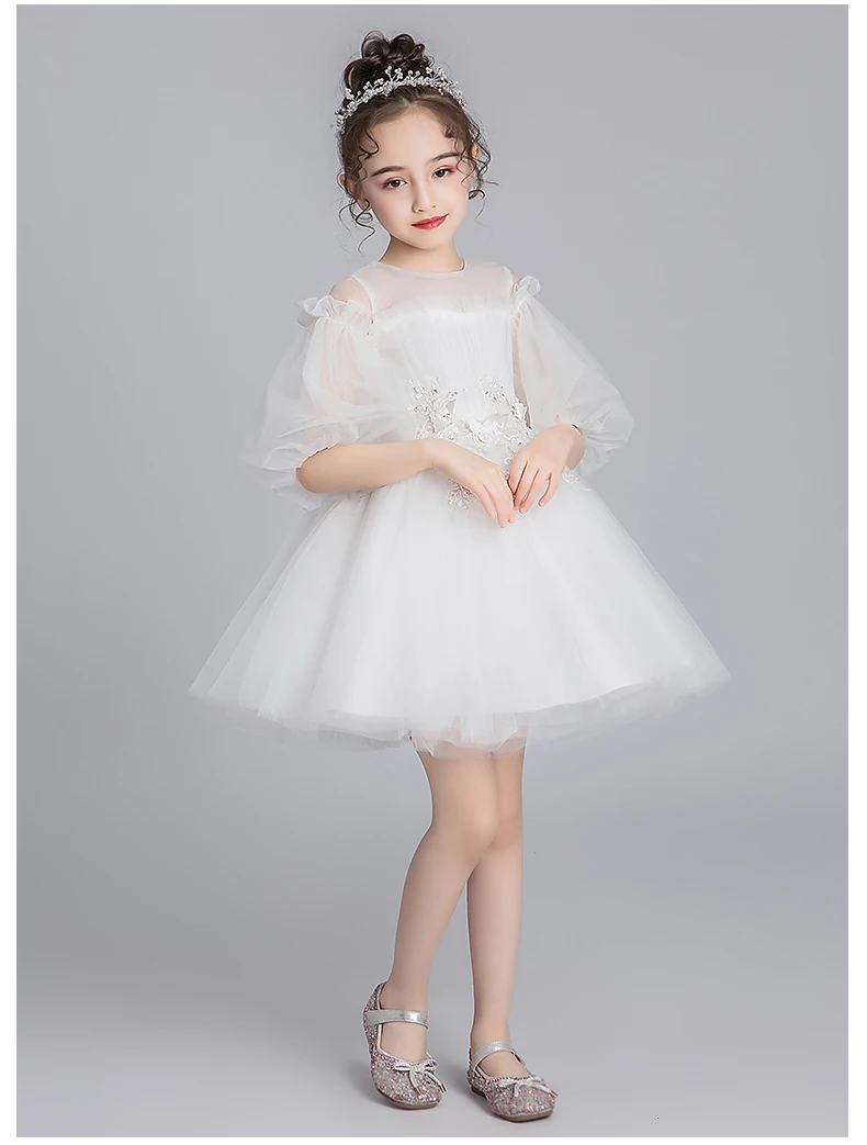 Белое Тюлевое платье принцессы с цветочной вышивкой для девочек; платье с короткими рукавами для свадьбы, дня рождения; нарядные платья для причастия для маленьких девочек