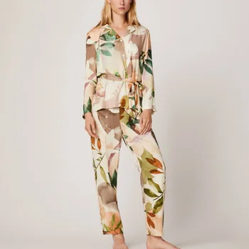 

Fashion Flower Printing Long Pajamas for Women Elegant Sleepwear Comfortable High-end Cotton Printed Home Clothes Women Suit