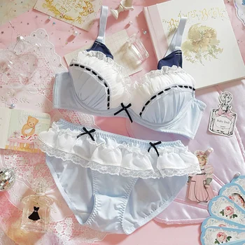 

Cute Sexy Sky Blue Japanese Style Lace Bra & Panties Set Underwire Soft Underwear Sleep Intimates Set Kawaii Lolita Cat Ears
