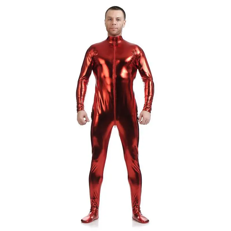 Костюм для косплея Zentai из искусственной кожи без головы с металлическим блеском