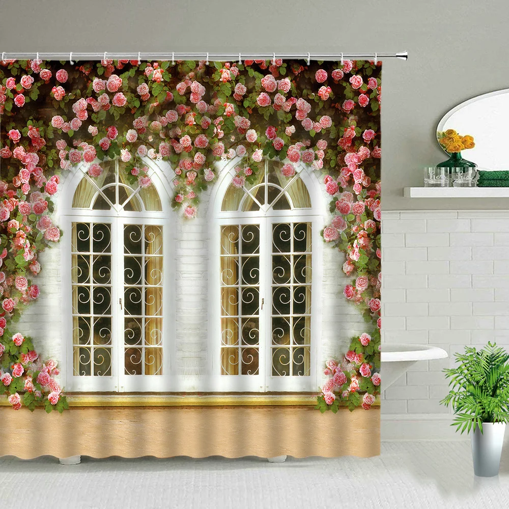 Flowers Spring Scenery Bathroom Set Shower Curtain Street Red Pink Flower Retro Design Garden Wall Decoration Hanging Curtains - Image 4
