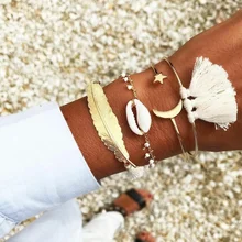 4 шт./компл. Для женщин Браслеты модная жемчужная раковина с Луной и звездами в форме листа кисточка браслет набор Бохо пляжное ювелирные изделия аксессуары