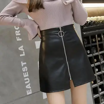 

skirt Spring Summer Casual PU Leather Skirt Women Elegant Zipper Mini A-Line Skirt Lady Skinny High Waist Skirts Black S-XXL
