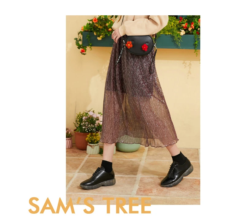 Samstree модные блестящие женские сетчатые плиссированные юбки, осень, новинка, средняя талия, повседневная женская юбка, винтажная трапециевидная Женская юбка