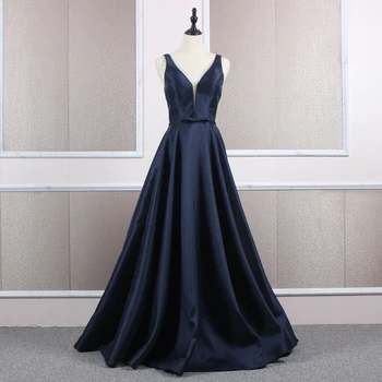 

Women Sexy A-Line Long V-Neck Prom Dresses with Pockets Satin Robe De Soiree Backless Formal Party Dresse with Belt