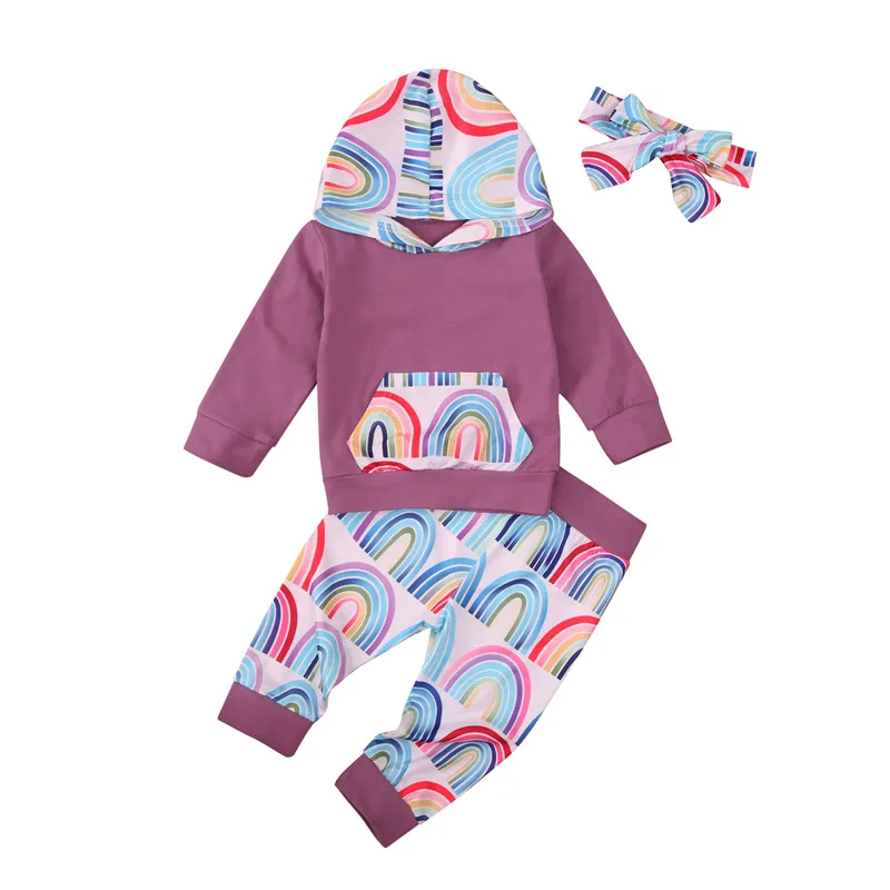 

Baby Girl Fall Clothes, Cute Rainbow Print Long Sleeve Hoodie + Pants + Headband 3Pcs Outfits Set