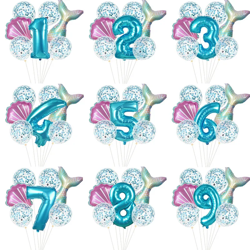 

7pcs Mermaid Shell 32inch Number Balloons Teal Blue Purple Ballons Summer Hawaii Mermaid Party Decoration Kids Birthday Supplies