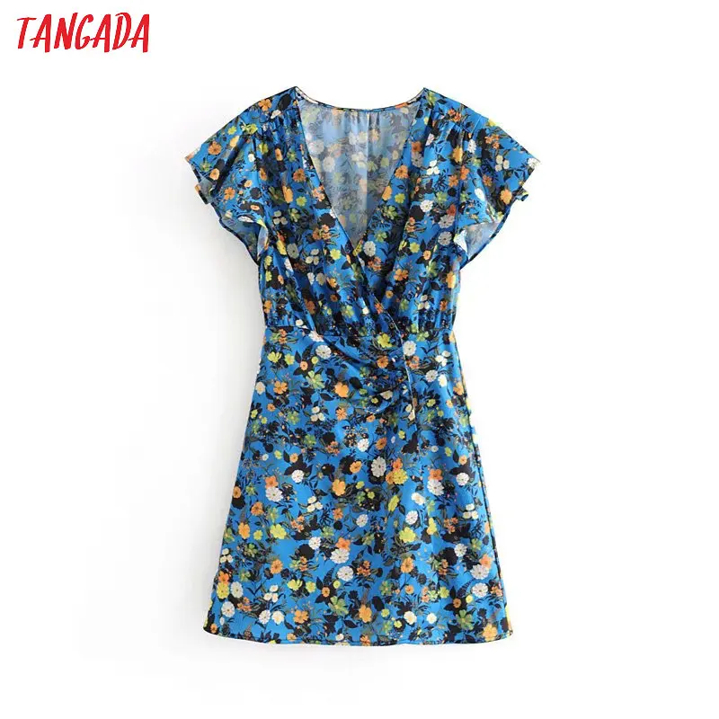 

Tangada women wrap dress floral pattern short sleeve sexy cross v neck 2019 ladies ruffles dresses vestido 3H311