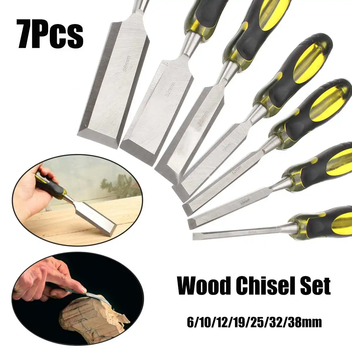 

7-Piece Chrome Vanadium Steel Woodworking Chisel Wood Handle Tool Set Woodworking Tools with Storage Bag 6/10/12/19/25/32/38mm