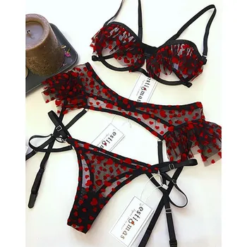 

New Sexy Bra Set Temptation Women Transparent Underwear Fashion Lace Dot Spaghetti Straps Bra+Through+Garter 3-piece Intimates