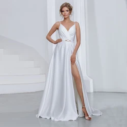 Wedding Dress For Women 2022 Bride White Satin Bridal Gown Sexy Slit Simple Floor Length Thin Straps A Line Robe De Mairee Femme