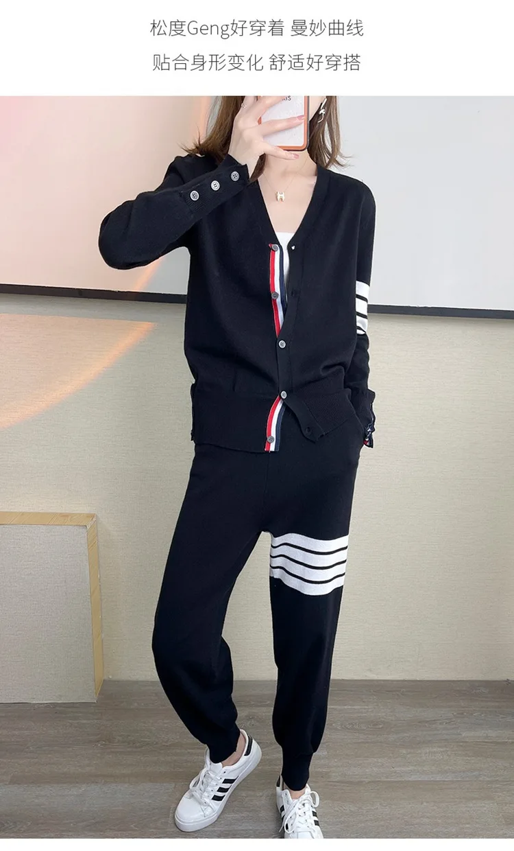 TB suit women's V-neck stripe knitted color matching sweater cardigan coat casual age reducing Harlem Leggings two piece set