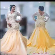 Русалка платье выпускного вечера V шеи с бисером Длинные рукава вечерние платья размера плюс на заказ