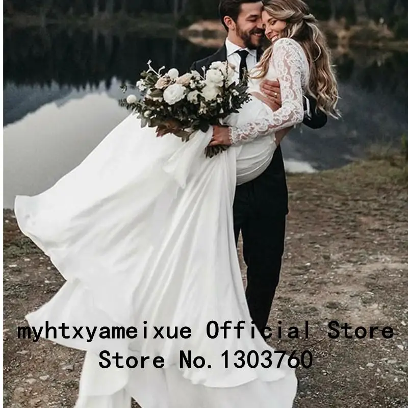 Sexy Two Pieces Wedding Dress 2021 Boho Bridal Gown Long Sleeves A Line White Ivory Lace Chiffon Princess Beach Vestido De Novia second hand wedding dresses