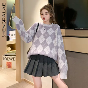 

SHENGPALAE 2020 New Autumn Long Sleeve Jumper Knitted Loose Fashion Pullover Femme Large Size Rhombus Check Sweater ZA5026