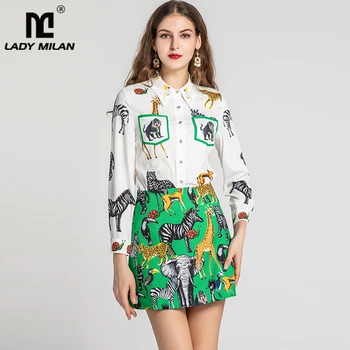 

Women Spring Summer Set Turn Down Collar Cartoons Printed Long Sleeves Shirt with Skirt Two Piece Dress Suit Sets