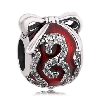 

New 925 Sterling Silver Bead Charm Red Enamel Bright Ornament With Crystal Beads Fit Pandora Bracelet Bangle Diy Jewelry