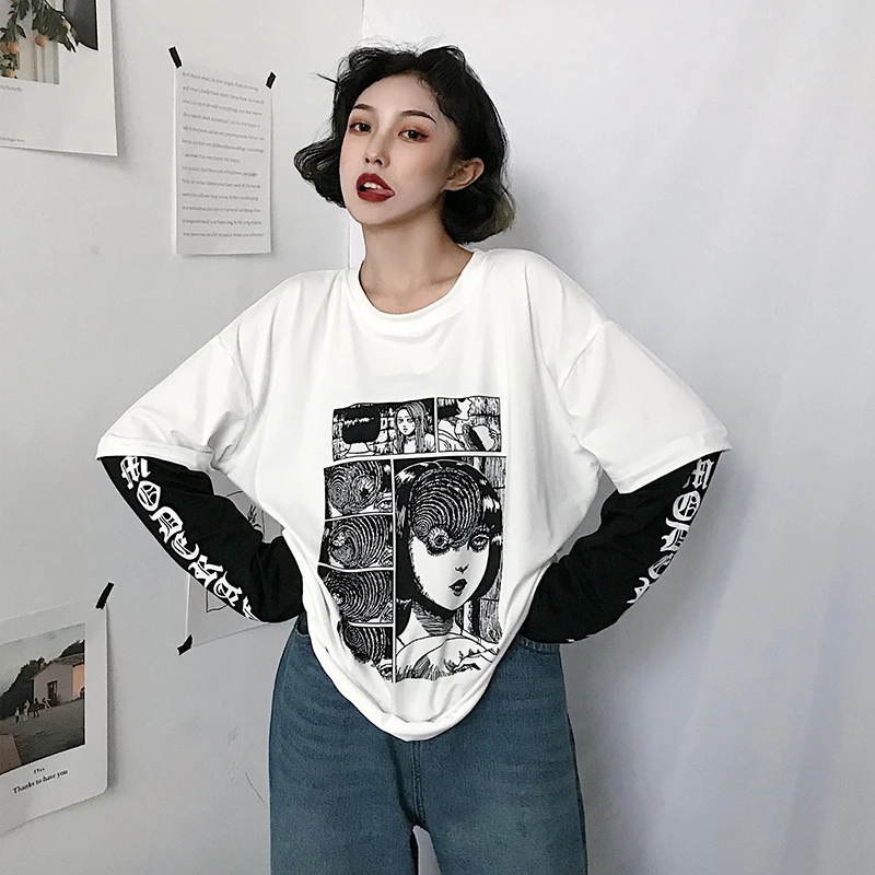 Fannic Harajuku футболка для женщин Поддельные 2 шт. принт японский Fujiang Horror Comics рубашка с длинными рукавами женская Vetement Femme