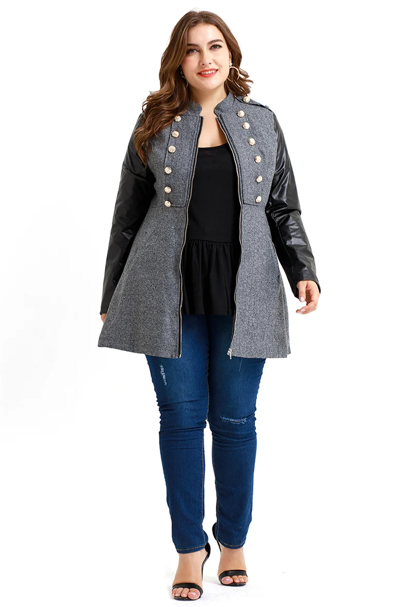 

Wholesale Plus Size Fashion Women Coat And Jacket Pu Leather Sleeve Zipper Female Overcoat Large Button Ladies Casual Outerwear