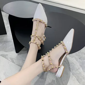 

Fashion thick Heels Women Pumps rivet candy-colored buckle bright leather Ladies Pointed Toe Dress Party Shoes zapatos de mujer