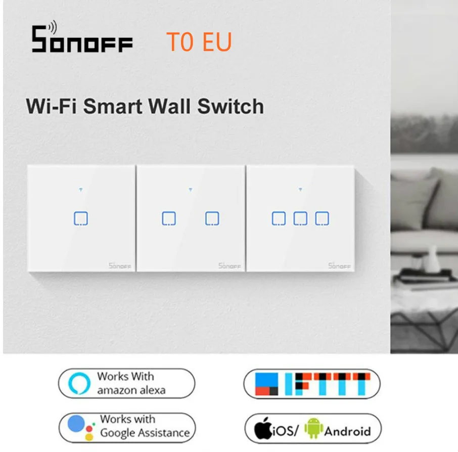 

SONOFF T0 EU Wifi Touch Screen Switch Works with Amazon Alexa/for Google Home/for Google Nest/ Luxury Glass Panel/ LED Light