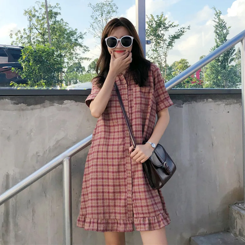 

2019 Spring New Style WOMEN'S Dress Korean-style Loose-Fit Hong Kong Flavor Retro CHIC Hipster Plaid Dress A- line Skirt Sub-