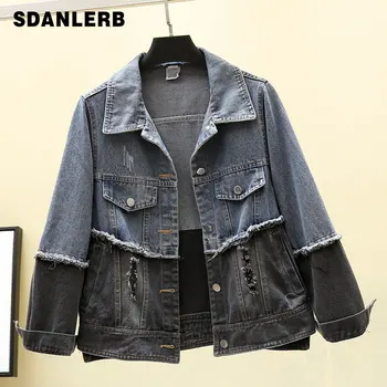 

Women's Jeans Coat Loose Korean-Style Spring and Autumn New Ripped Hole All-match Harajuku BF Stitching Jacket Denim Jacket Coat