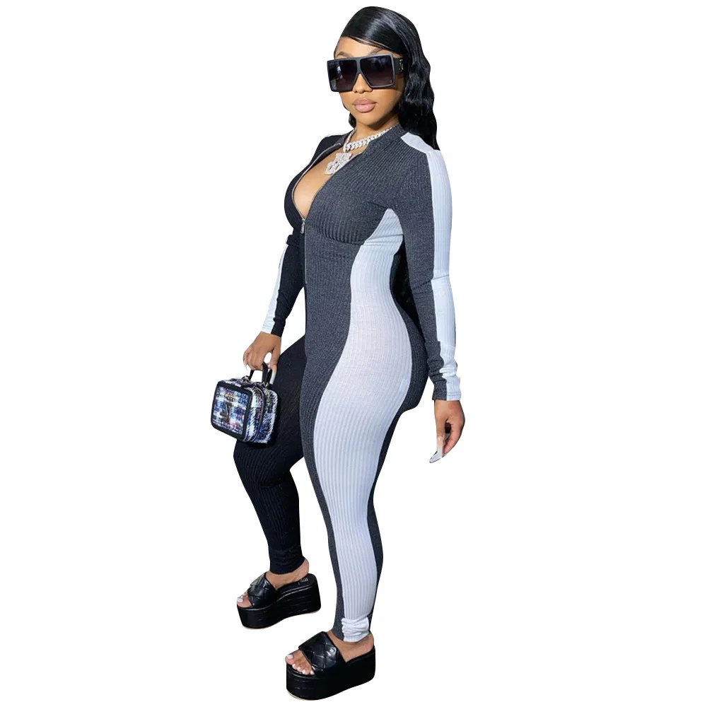 2020 Hot Selling Bodycon Jumpsuits Fashion Sexy Patchwork Zipper Tight Long Sleeves Casual Sport Jumpsuits
