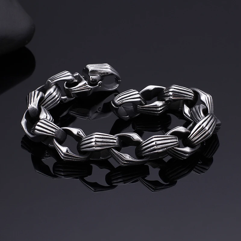 Fongten Vintage Stainless Steel Beaded Bracelet Men Punk Charm Chain Bracelets For Mens Jewelry