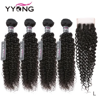 

Yyong Hair 3/4 Brazilian Kinky Curly Bundles With Closure 100% Remy Human Hair Weave Bundles With 4x4 Lace Closure Can Be Dyed