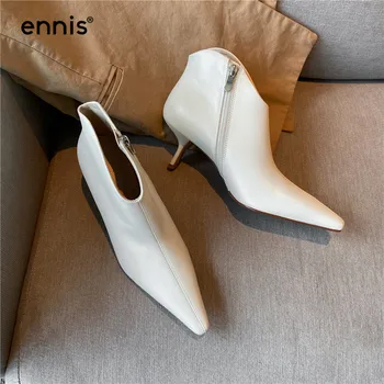

ENNIS 2020 Kitten Heels Boots Women Genuine Leather Ankle Boots High Heel Shoes Black Beige Pointe Shoes Winter Booties A0195