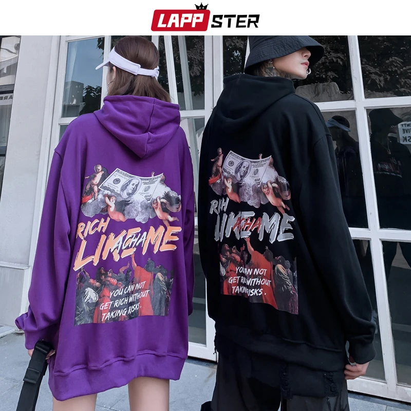 LAPPSTER пара деньги печати Уличная толстовки с капюшоном Осень Мужчины негабаритных хип хоп Harajuku толстовки черный свободный балахон