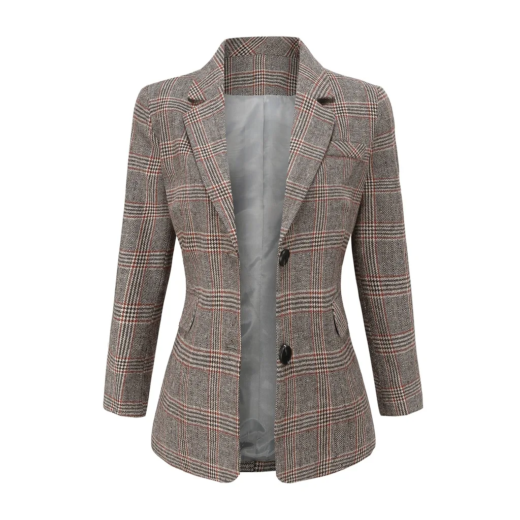 Vintage Double Breasted Office Plaid Blazer Women 2020 Autumn Spring Casual Long Sleeve Loose Suit Coat Female Elegant Clothes