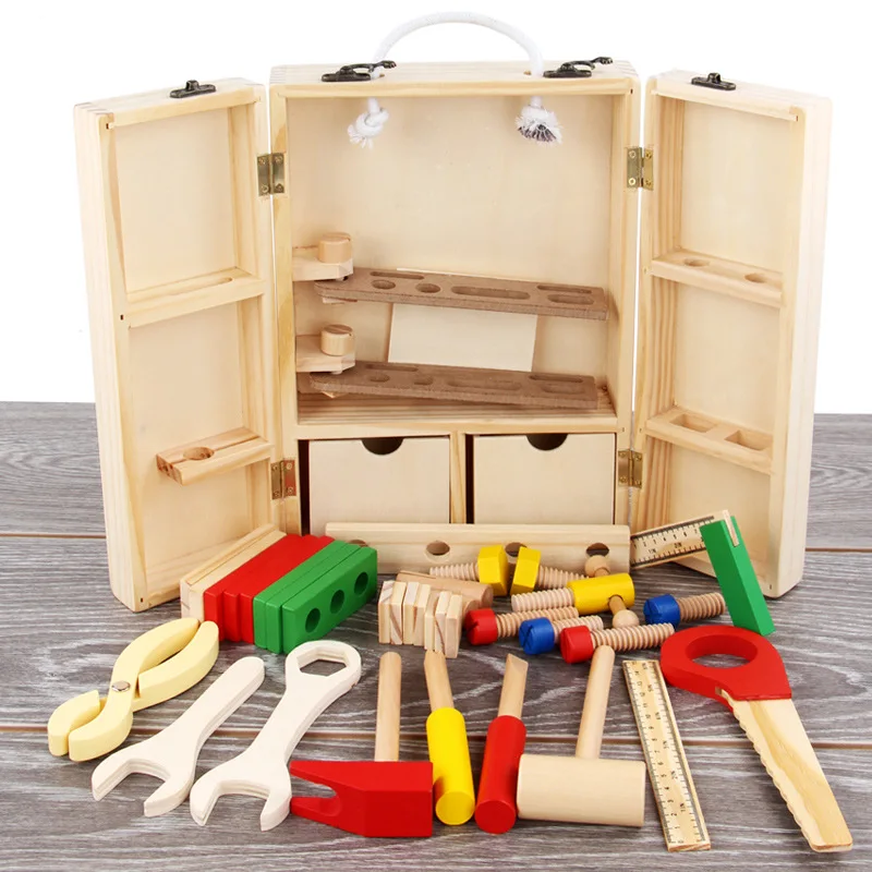 

Educational Montessori Kids Toys Wooden Toolbox Pretend Play Set Preschool Children Nut Screw Assembly Simulation Carpenter Tool