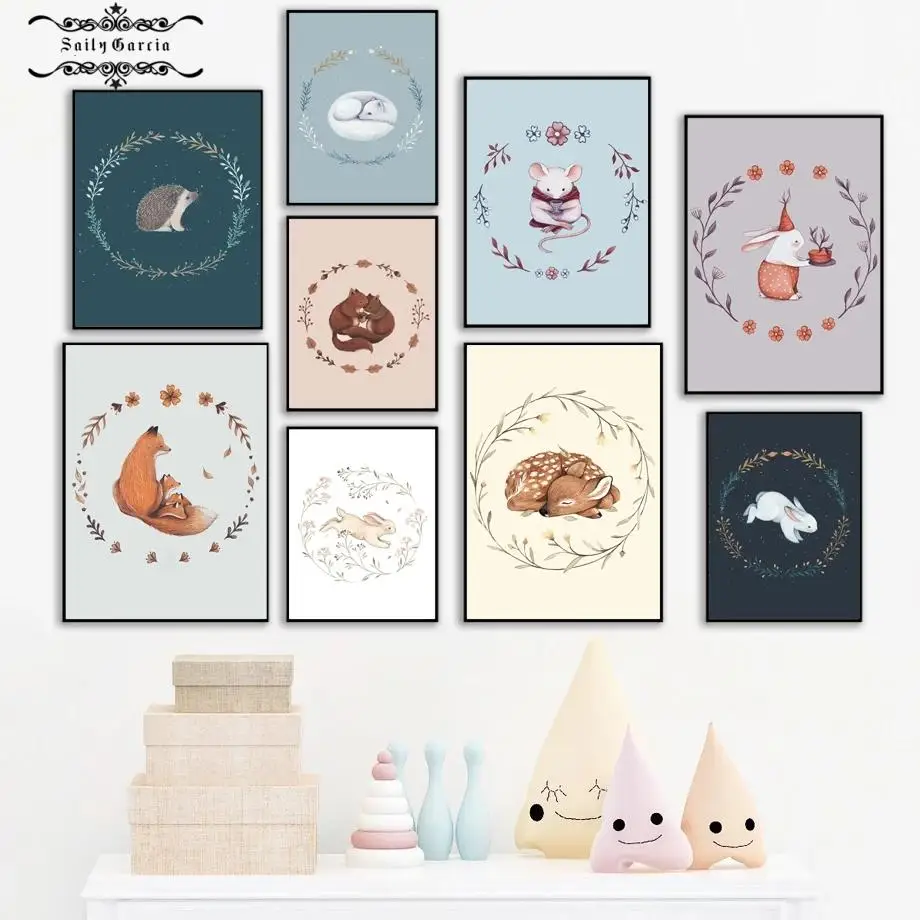 

Squirrel Fox Rabbit Hedgehog Deer Mouse Nursery Wall Art Canvas Painting Nordic Poster and Prints Wall Pictures Kids Room Decor