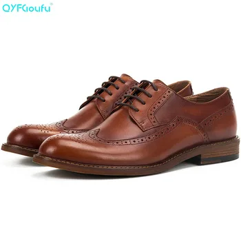 

QYFCIOUFU Luxury Italian Brand Men Dress Shoes Men Business Flat Shoes Genuine Leather Breathable Men Formal Office Brogue Shoes