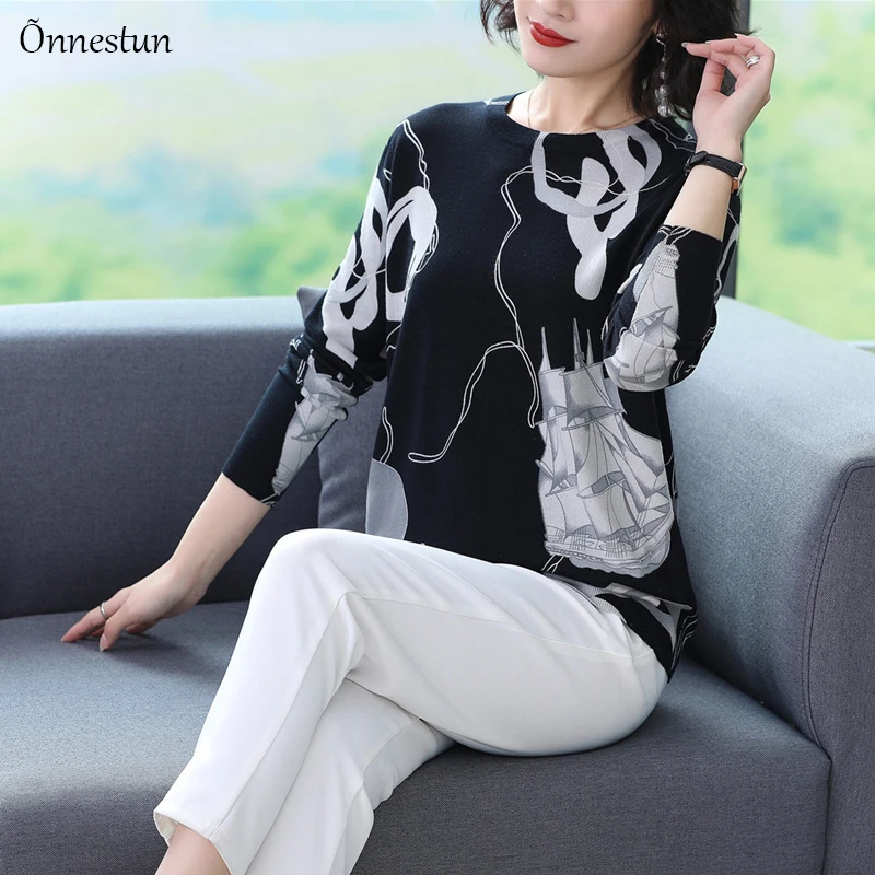 Sweater Women New Autumn Pullover High Quality Clothes Pull Knitwear Tops Harajuku irregular print Sweaters | Женская одежда