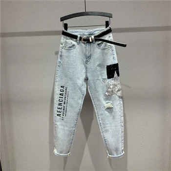 

Loose Jeans Trousers for Woman New Spring Autumn Long Denim Pants Female Applique Letter Skinny Harem Pants Calca Jeans Feminina