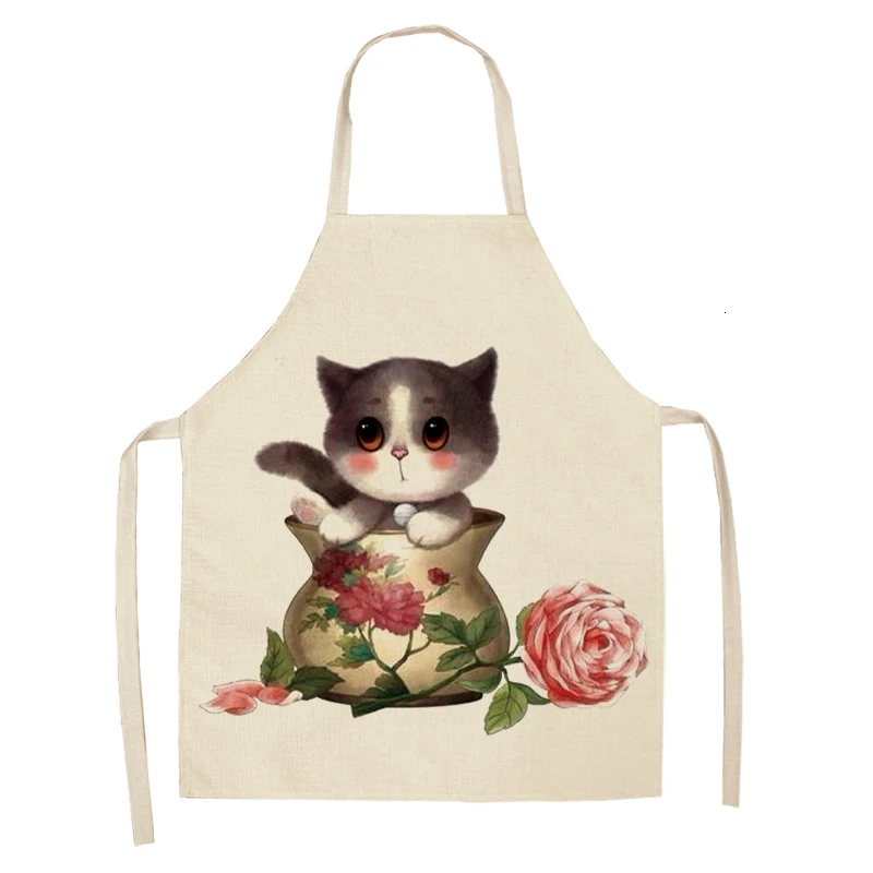 Kitchen Apron for Woman Cute Cartoon Cat Printed Sleeveless Cotton Linen Aprons For Cooking Home Cleaning Tools 53*65cm A1008 - Цвет: F