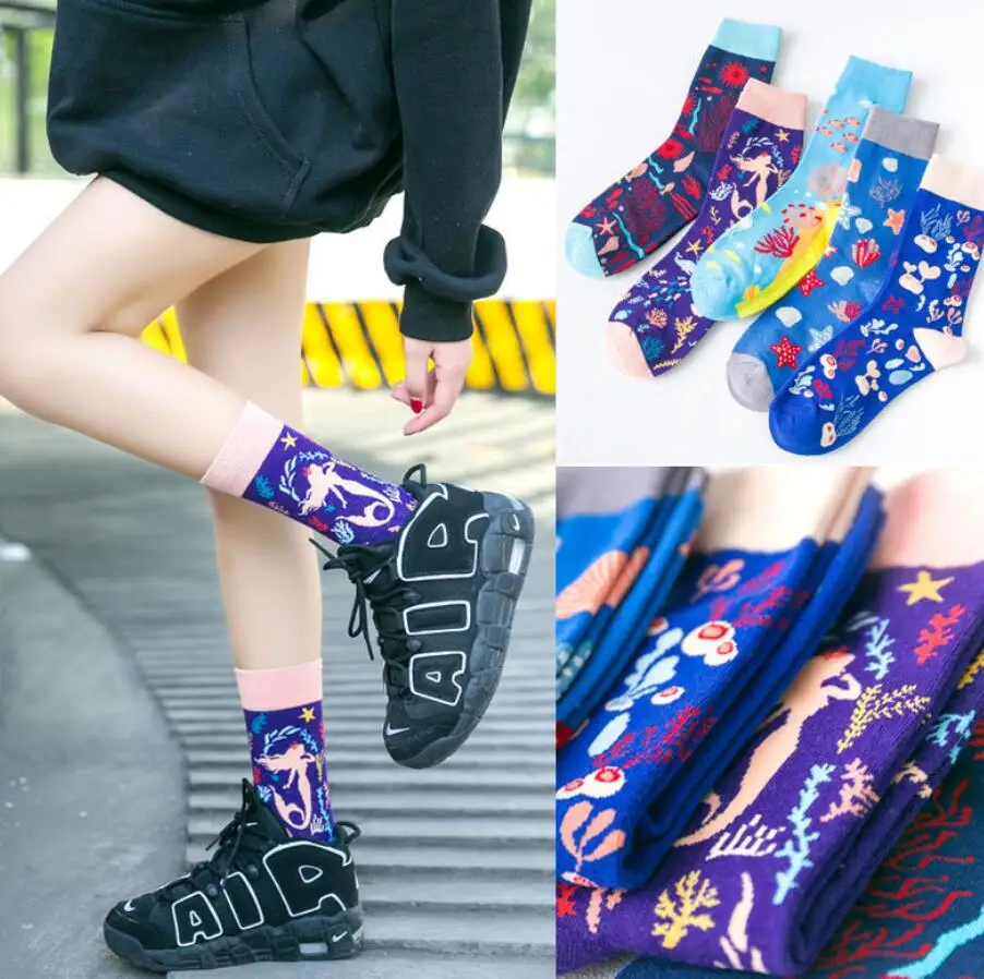 Пара Носки Женская мода цветочный принт европейские, американские уличные личности в спортивном стиле коттоновые носки в полоску в стиле корейских Носки