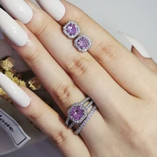 

2pcs Pack silver color bride Cushion Cut Zircon Jewelry Set Engagement Ring Stud Earring For Women Gift J6989-pink