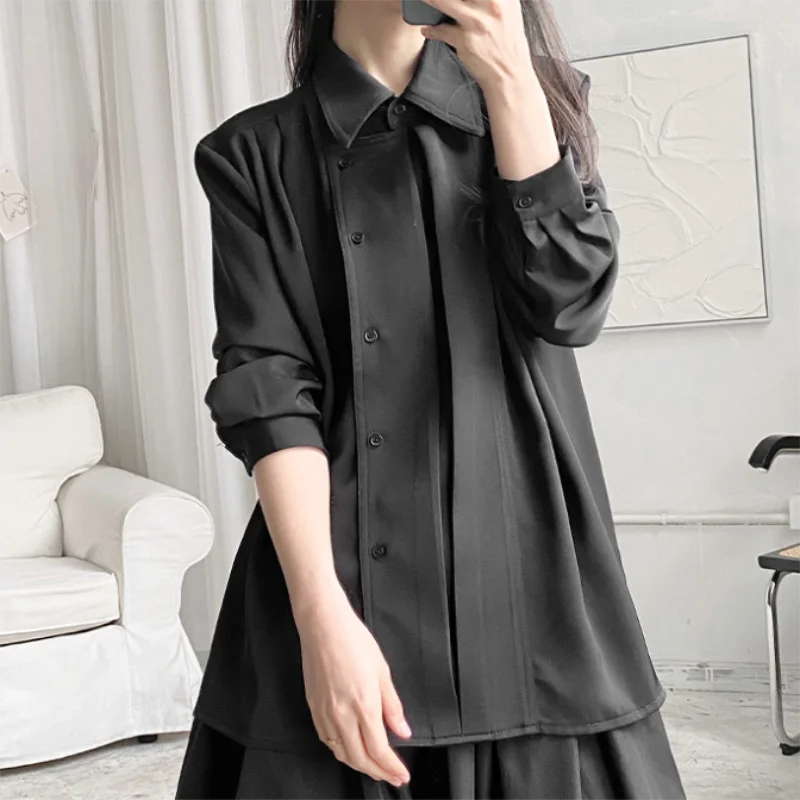 Fall ladies' new square collar shirt in solid color, asymmetrical retro button-down, loose, casual, long sleeves