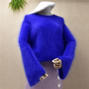 

2020 100% Pure Mink Cashmere Long sweaters Lady Fashion Real angora rabbit fur Pullover Flare sleeve Wholesale OEM Sweater